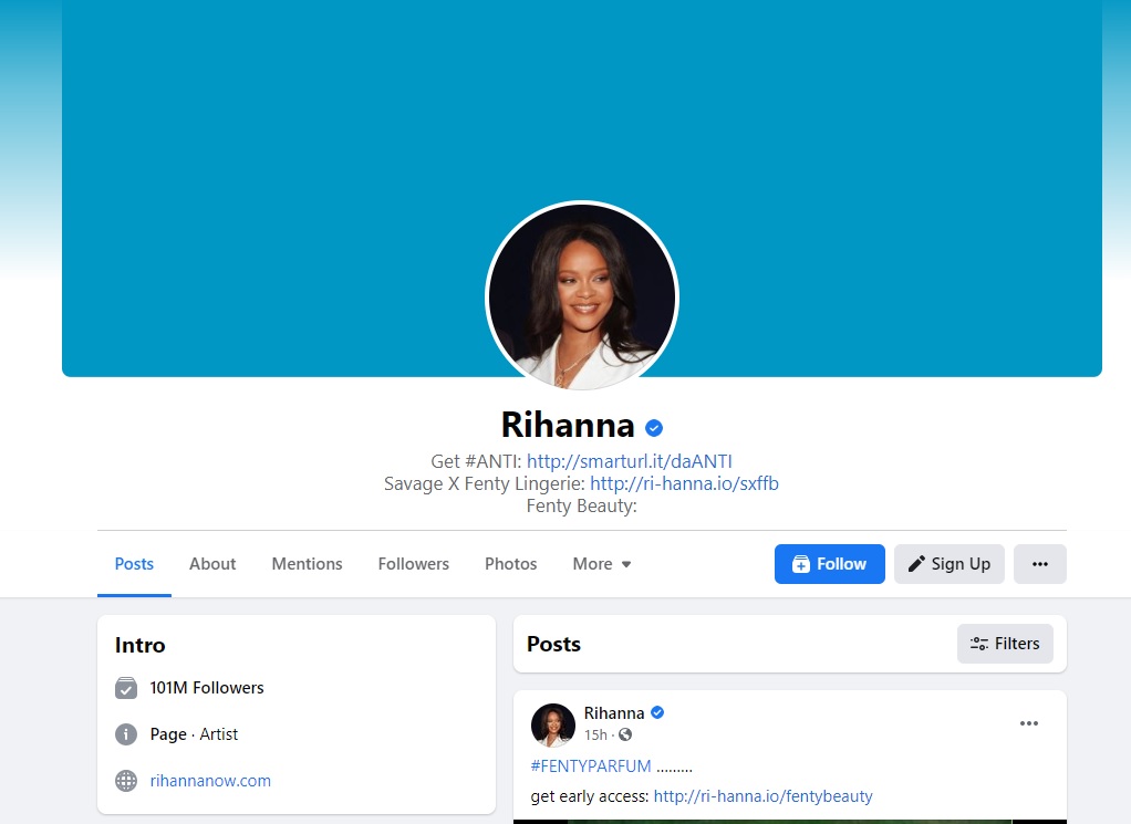 Facebook Influencers Rihanna page
